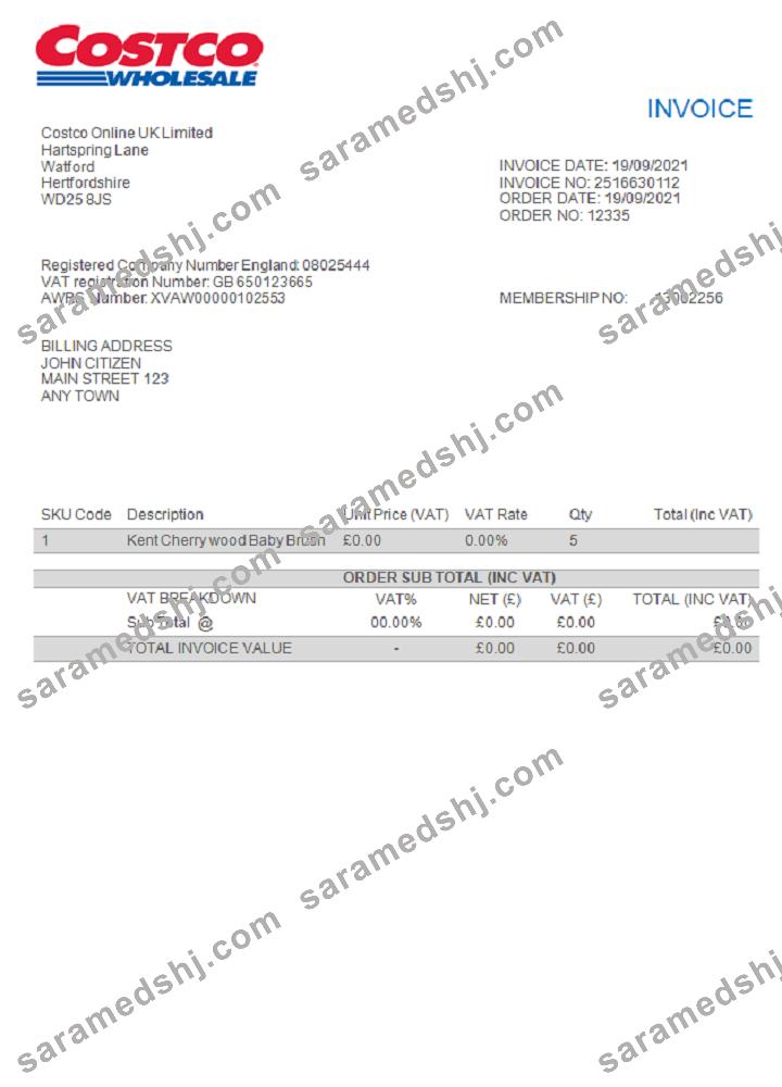 USA Costco invoice